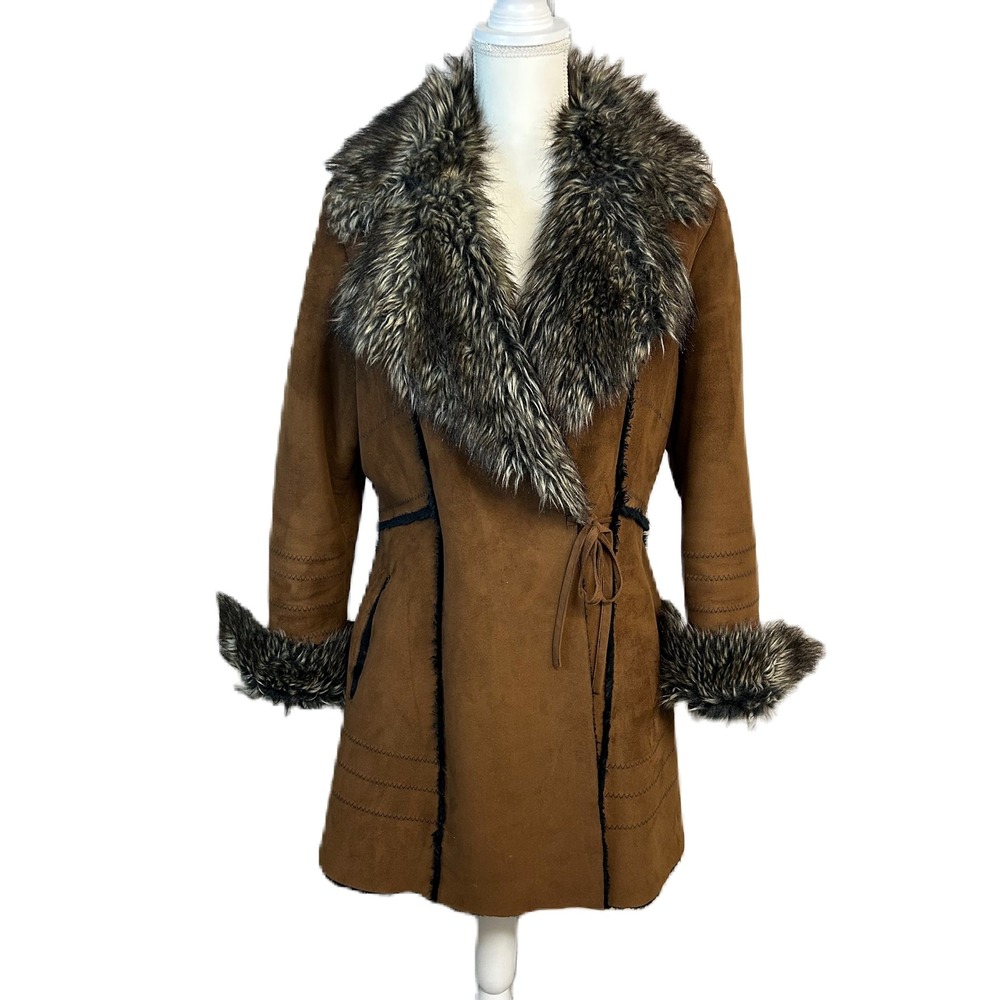 Suede Faux-Fur Trim Brown Wrap Coat
